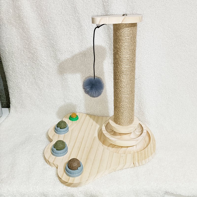 Solid Wood Cat Toys – Turntable, Feathers, and Play Columns