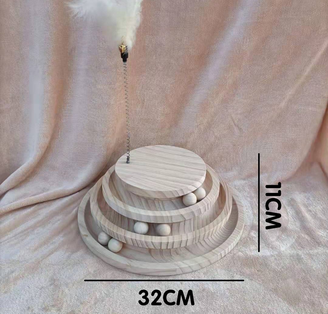 Solid Wood Cat Toys – Turntable, Feathers, and Play Columns – Image 7