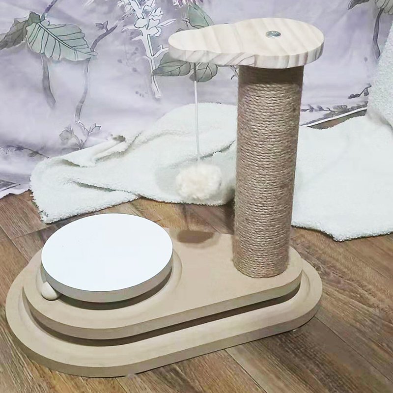 Solid Wood Cat Toys – Turntable, Feathers, and Play Columns – Image 3