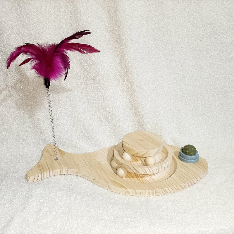 Solid Wood Cat Toys – Turntable, Feathers, and Play Columns – Image 8